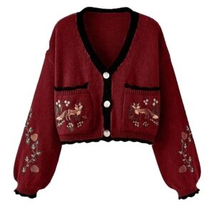 ROMWE Embroidered Fox Burgundy Cardigan Sweater